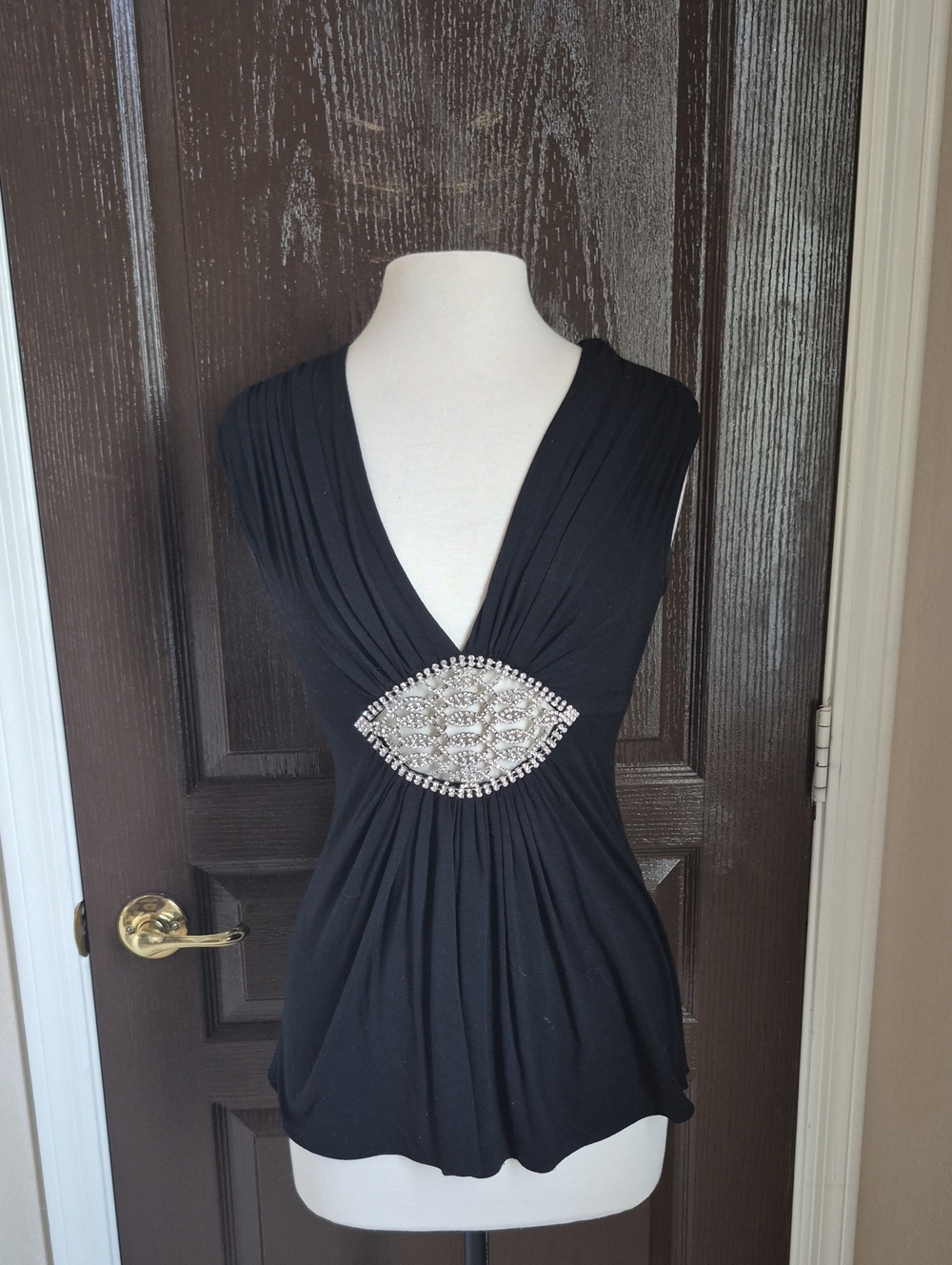 Sky Black V-Neck Bling Medallion Accent Blouse Nwot